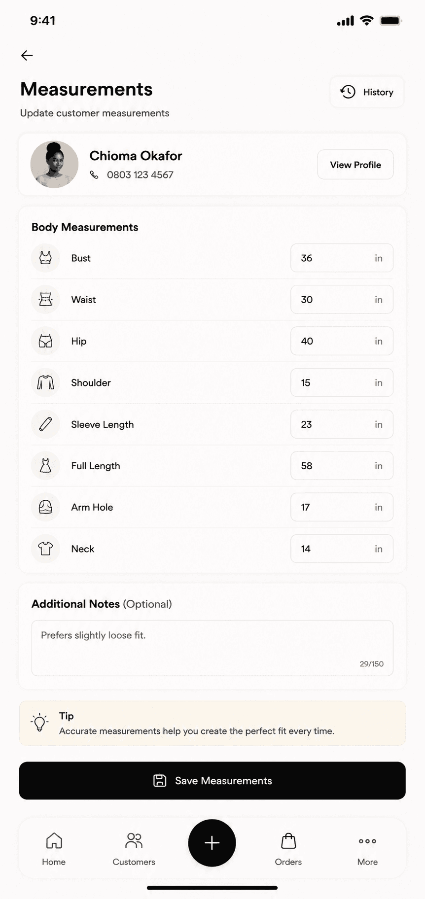Tylor customer measurements